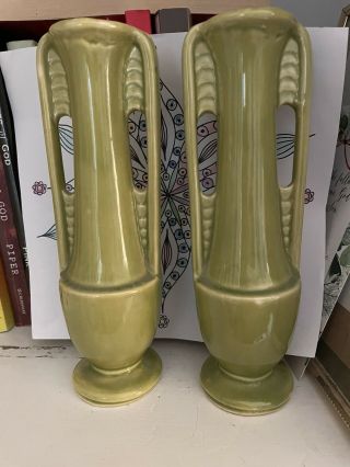 Vintage Shawnee Pottery Art Deco Green Bud Vases Set Of 2