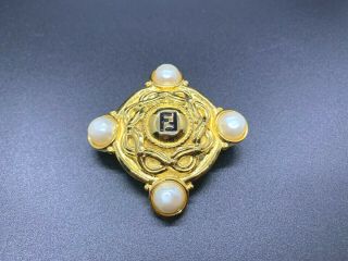 Vintage Estate Fendi Gold Tone Faux Pearl Brooch Pin - High End Fashion Signed