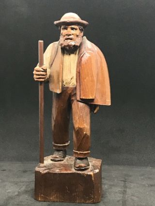 Antique Fomerz Hand Carved Wood Hiker Figurine Made In Italy 7.  5”