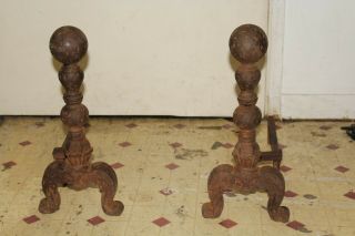 Vintage Solid Cast Iron Fireplace Andirons / Fire Dogs 1919