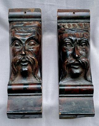 Pair Antique Carved Mahogany Gothic Face Corbels