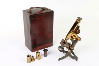 Vintage C1900 " W.  Johnson & Sons " Brass Microscope With Case 1584