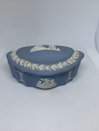 Vintage Wedgwood Jasperware England Blue Trinket Box With White Detail Cherubs