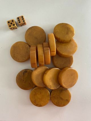 Vintage Backgammon Bakelite Yellow Marbled Butterscotch Chips (15)