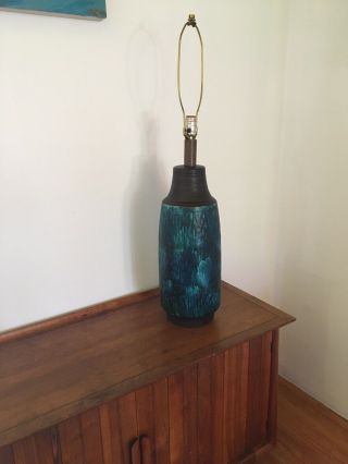 Vintage Mid Century Modern Mcm Teal Aqua Blue Drip Glaze Ceramic Lamp 35 "
