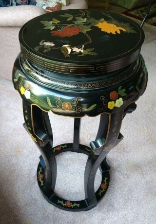 Vtg.  Asian Floral Cloisonne Black Lacquer Round Stand / Side Table 32 " H X 16 " W