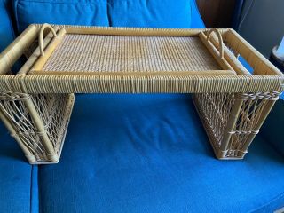 Vintage Wicker Bed Lap Breakfast Serving Tray With 2 Side Compartments Large