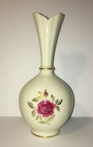Vintage Lenox Rhodora Bud Vase Ivory Pink Rose Gold Leaves 24k Gold Trim 8 " Tall