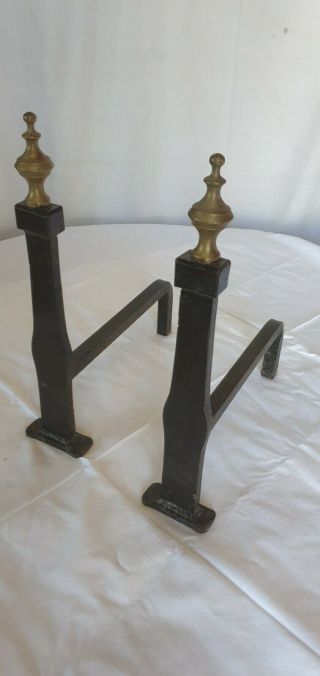 Wrought Iron With Brass Fennel Fire Dogs / Andirons