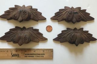 4 Matching Antique Walnut Drawer Pulls Fruit / Nut Carved Victorian