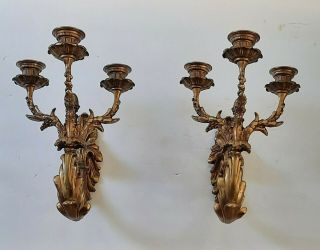 Pair Ornate Vintage Brass French Style 3 Arm Candle Wall Sconces - 10 "
