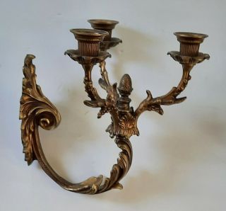 Pair Ornate Vintage Brass French Style 3 Arm Candle Wall Sconces - 10 
