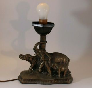 Vintage Art Deco Cast Bronze Elephant Family Of 3 Lamp Great Trumpeting