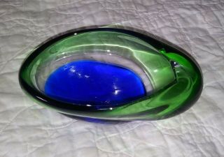 Vintage Blue And Green Art Glass Ashtray Heavy Organic Mcm