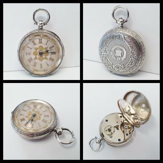Antique Solid Silver Swiss Open Face Pocket Watch Gold Embellished Dial 1890 Gwo
