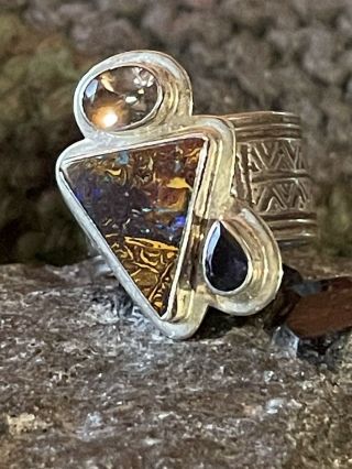 Vintage Tabra Sterling Ring With Boulder Opal Tourmaline And Iolite.