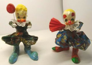 2 Vintage Hand Painted Paper Mache Clowns With Lace Collars 6 " Tall
