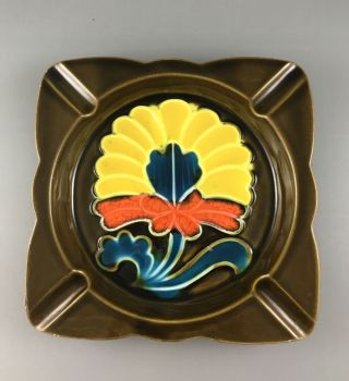 Vintage Japan Brown Ashtray With Red And Yellow Flower 5 3/4”