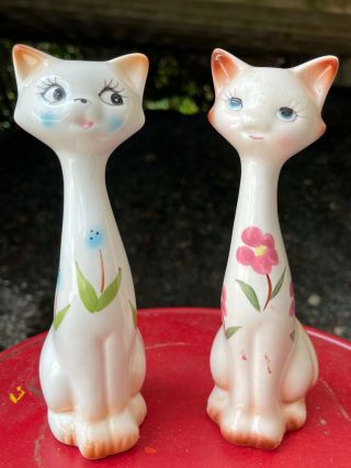 Pair Retro Mod Long Neck Cat Ceramic Figurine Mcm Groovy Vintage
