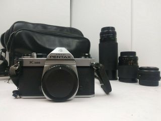 Pentax K1000 35mm Slr Film Camera With 3 Lens,  Receipt,  & Vintage Case