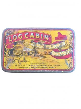 Log Cabin Metal Tobacco Tin Hinged Rectangle Empty Collectable