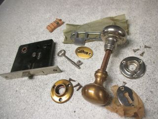 Vtg Antique Corbin Mortise Brass/silver Door Knob Lock Set W/ Skeleton Key Q23