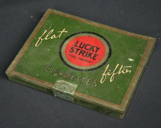 Vtg Lucky Strike Flat Fifties Cigarettes Tin Box Hinged Green Stamp Foil Paper