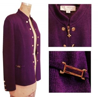 Vtg Royal Purple St.  John Knit Cardigan Jacket W Gold Studs & Charm