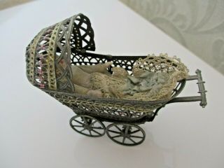Antique Doll House Miniature German Soft Metal Stroller Pram Germany With Baby