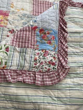 Vtg Pottery Barn Floral Patchwork Quilt Set Queen Ruffle Shabby Chic Cottage
