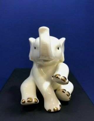 Lenox White Porcelain Sitting Elephant Small Figurine With Gold Raised Trunk
