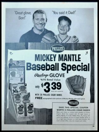 Vintage Phillies Cigar Rawlings Baseball Gloves Mickey Mantle Ad Print