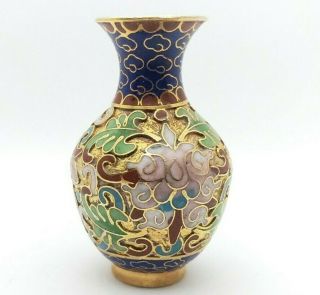 Vintage Cloisonne Miniature Mini 2 " Brass Metal Oriental Vase / Urn