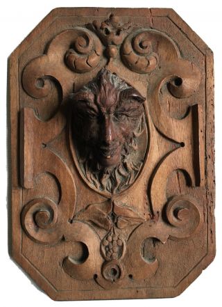 Antique 19th C.  Carved Wooden Panel Wall Plaque Grotesque Head Faun Bacchus