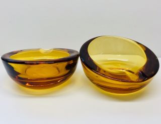 Vintage Set Of 2 Amber Glass Ashtrays Mcm Retro Tilted Bowl Single Cigarette Euc