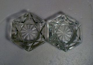 Vintage Pair (2) Clear Glass Hexagon Shaped Ash Trays Starburst Center Pattern