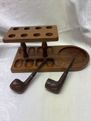 Walnut 8 - Pipe Stand Holder Wood Smoking Rack Tobacco Vintage W/ 2 Pipes