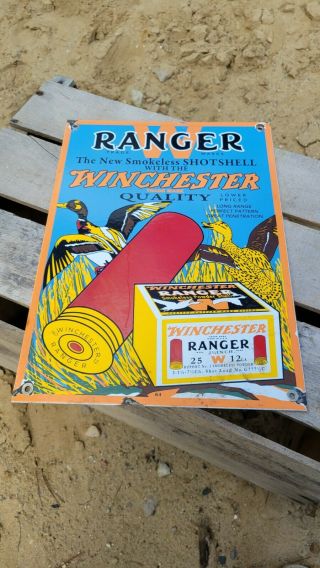 Vintage Dated 1964 Winchester Ranger Ammunition Porcelain Gun Hunting Ammo Sign
