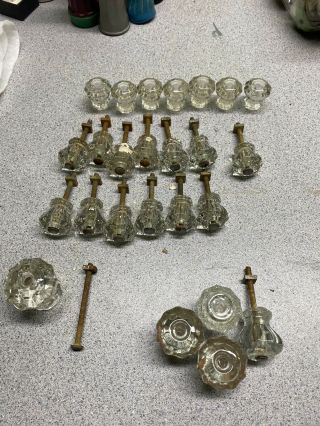 Set Of 25 Vintage Glass Drawer Pulls Knobs With Some Hardware 3 Sizes 10 - Sided
