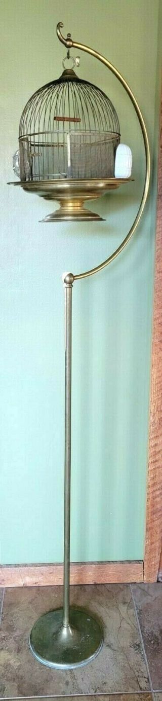 Vintage Brass Bird Cage With Half Moon Stand Glass Feeders - 70 " Tall