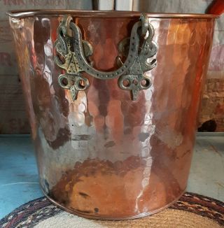 Vintage Antique Hammered Copper Bucket Large With Ornate Brass Handles