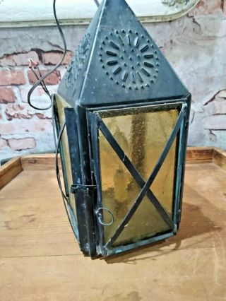 Antique Hanging Outdoor Light Fixture Amber Glass Metal Punched Tin Lantern Styl