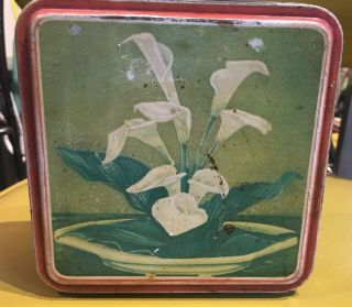 Vintage Art Deco Candy Cookie Metal Tin Calla Lily Square