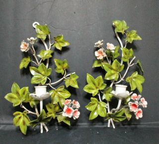 Vtg Italian Painted Tole Shabby Chic Floral Wall Candle Sconces Pair