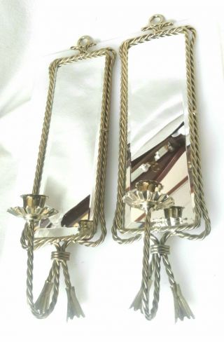 Vtg Pair▪twisted Brass Rope▪beveled Mirror▪wall Sconce Candle Holders▪tassles
