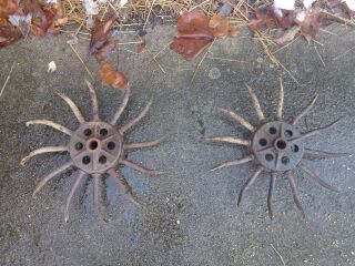 Pair 2 Antique Cast Iron Farm Tool Rotary Hoe Wheel Cultivator.  Spikey Yard Art