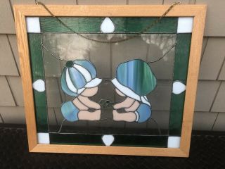 Vintage Stained Leaded Glass In Old Wood Frame - Chain For Hanging - 16 X 20