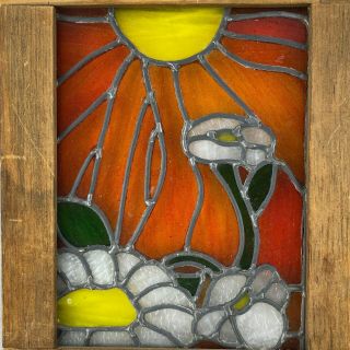 Vtg Stained Glass Wood Framed 9 3/4 " X 12 1/4 " Sun Flower Hanging Rectangle 5s3