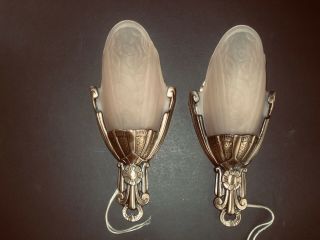 Pr.  Pink Frosted Deco Style Slip Shade Wall Sconce Sarsaparrilla C.  1984
