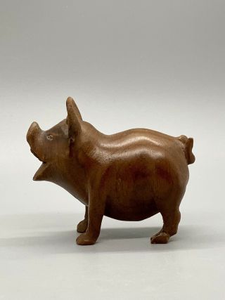 Vintage Miniature Carved Wood Pig Hog Piglet Boar Figurine Primitive - Signed